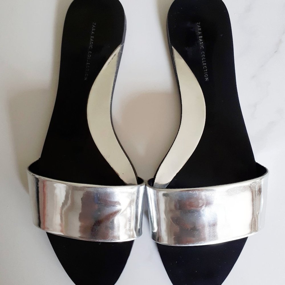 Zara patent metallic silver pool slide sandals - Picture 7 of 10